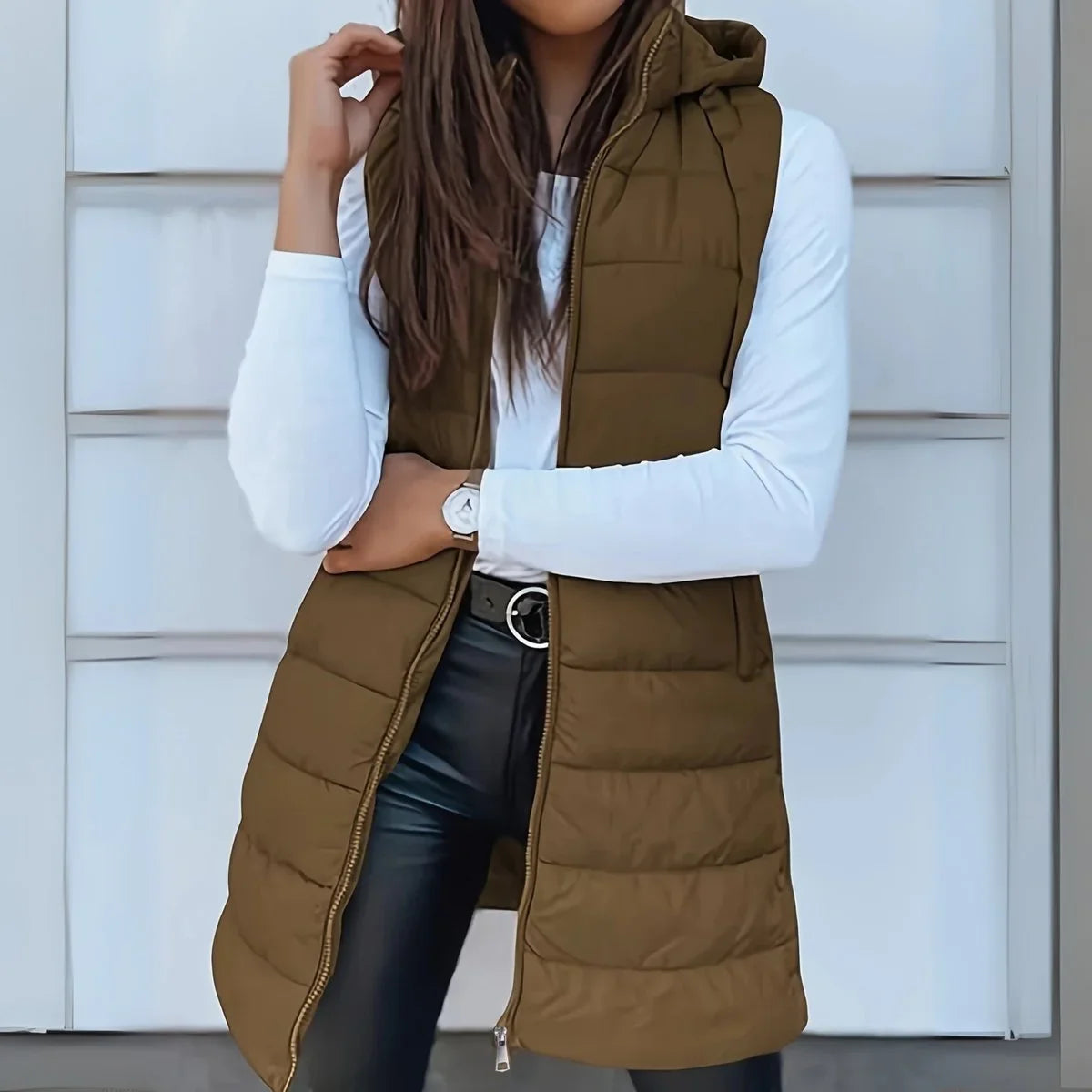Women's long hooded sleeveless puffer vest lightweight layering gilet in Khaki