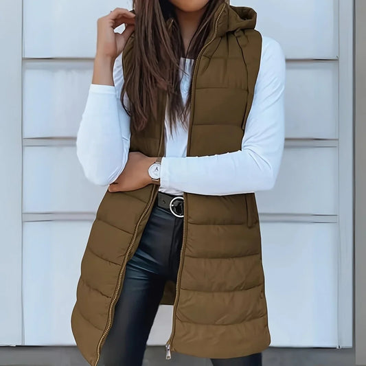 Women's long hooded sleeveless puffer vest lightweight layering gilet in Khaki