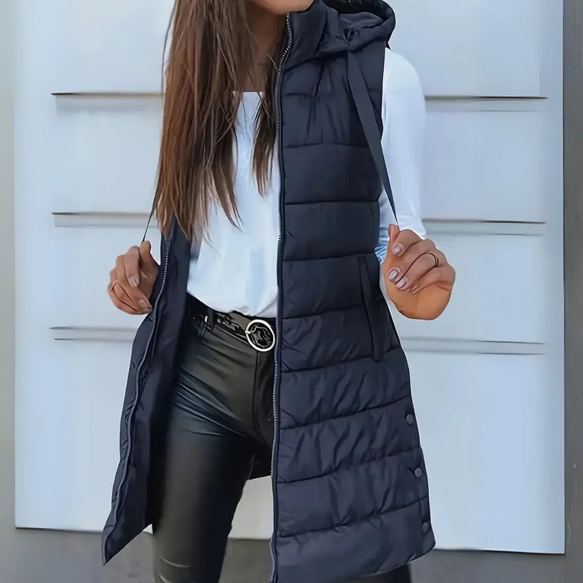 Women's long hooded sleeveless puffer vest lightweight layering gilet in Navy Blue
