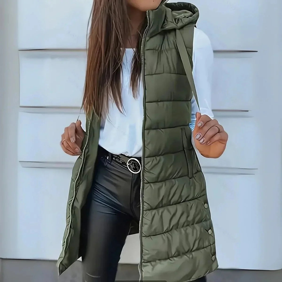 Women's long hooded sleeveless puffer vest lightweight layering gilet in Olive Green