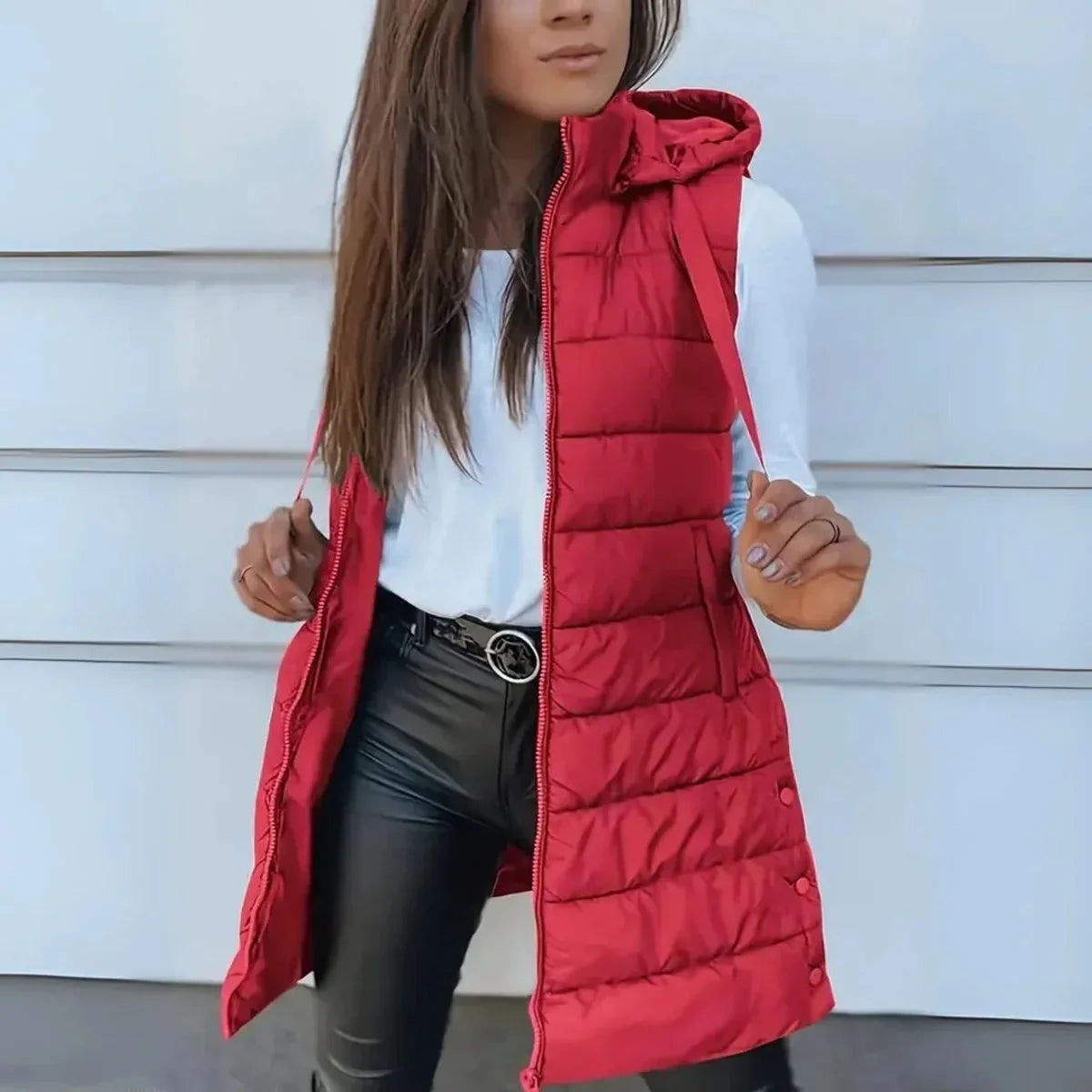 Women's long hooded sleeveless puffer vest lightweight layering gilet in Red