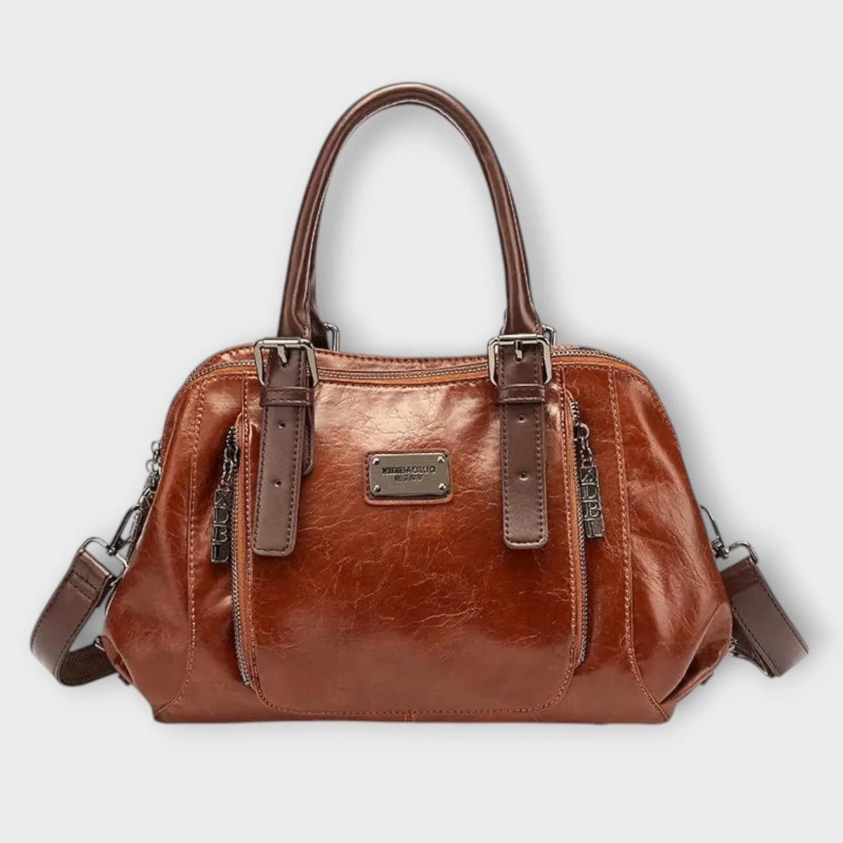Structured brown faux leather handbag with top handles and zip pockets.