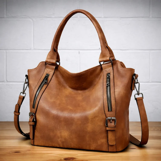 Tan faux-leather slouchy crossbody bag with dual zip pockets.