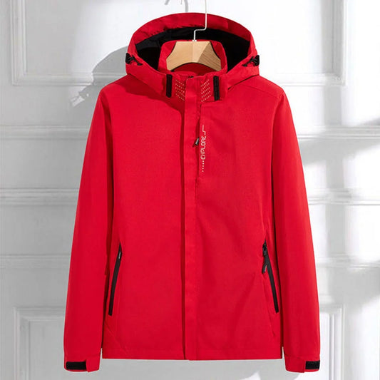 Women's waterproof hooded adjustable-fit rain jacket in Red
