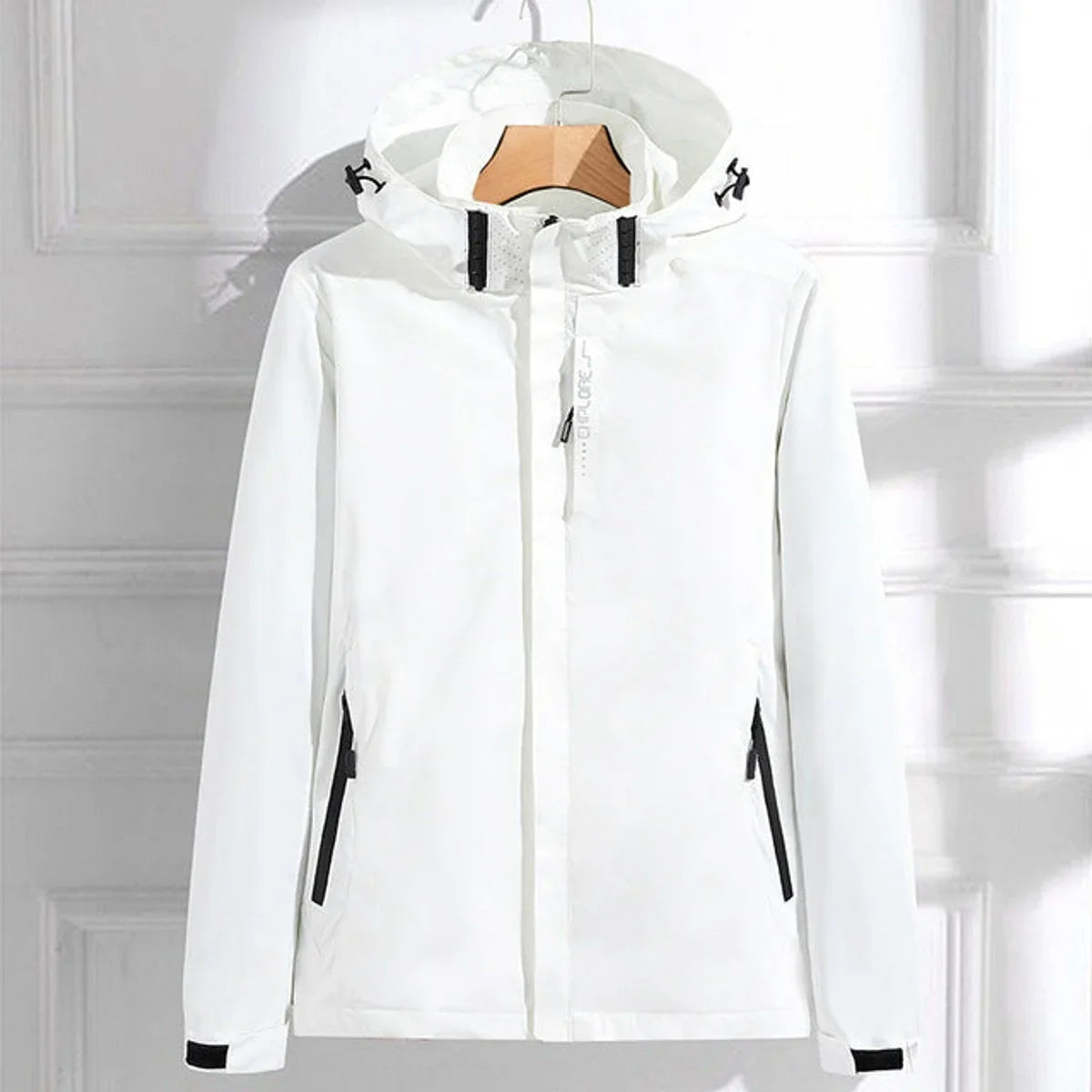 Women's waterproof hooded adjustable-fit rain jacket in White