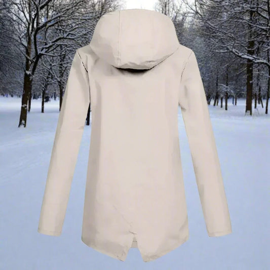 Women's waterproof hooded rain jacket zip-up longline