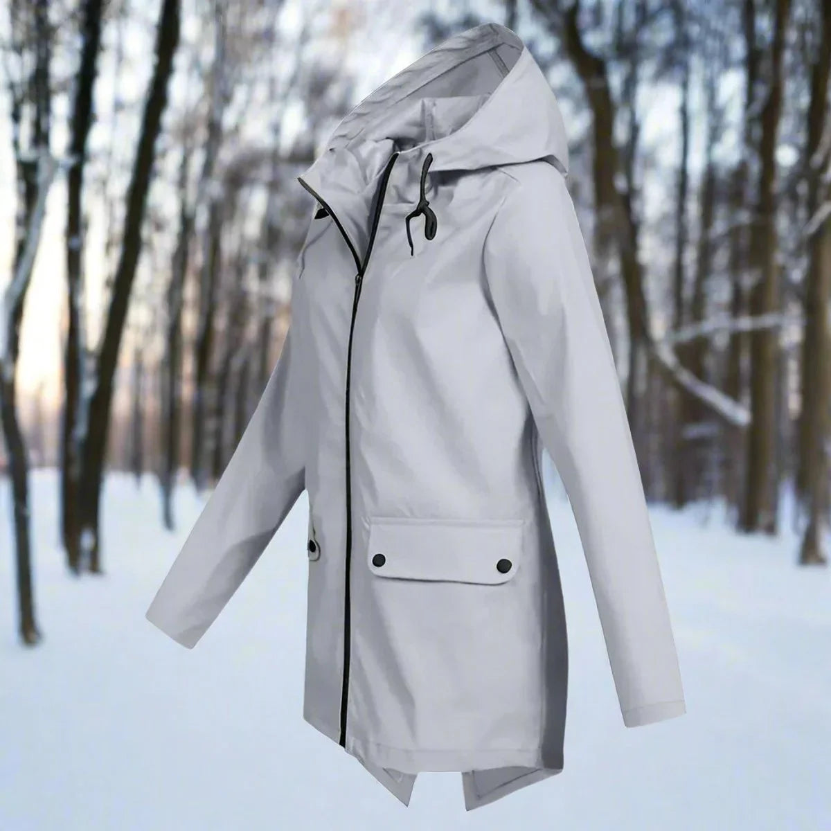 Women's waterproof hooded rain jacket zip-up longline