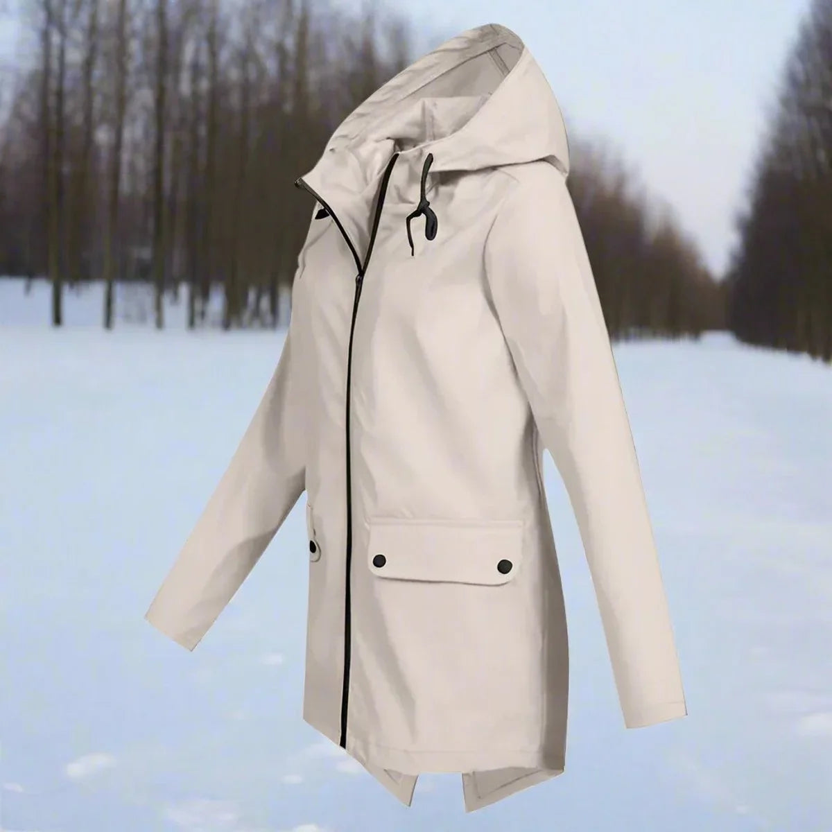 Women's waterproof hooded rain jacket zip-up longline