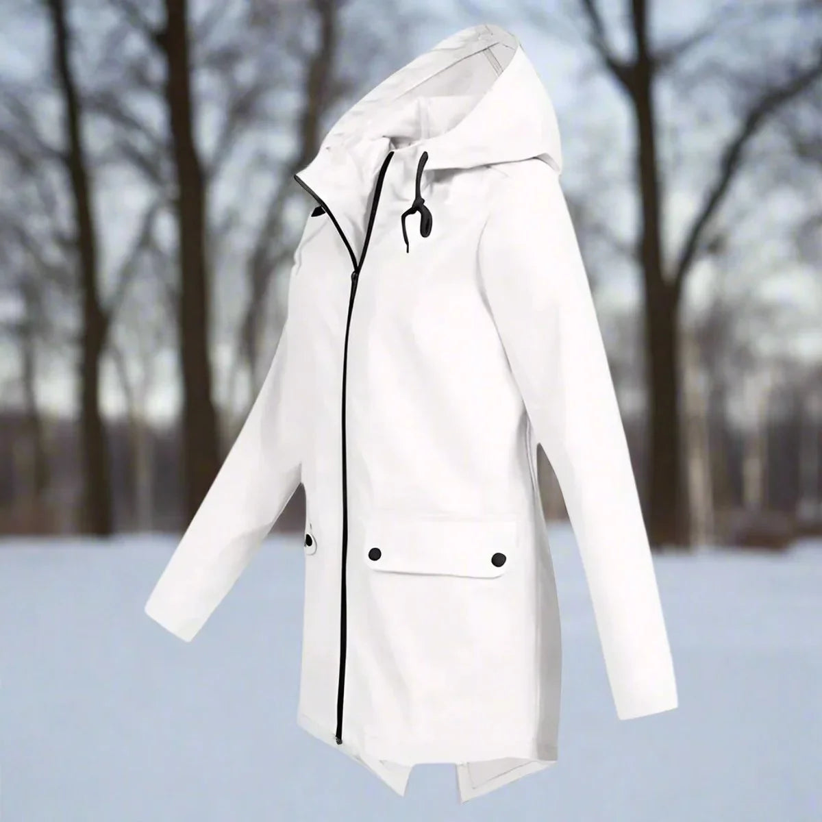 Women's waterproof hooded rain jacket zip-up longline